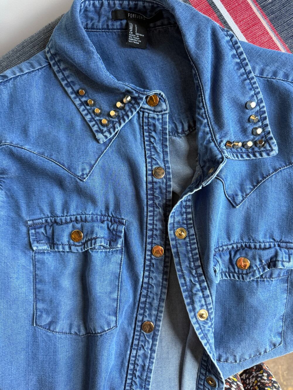 Western Snap Tencel Lyocell Front Chambray Shirt Studded Collar Small